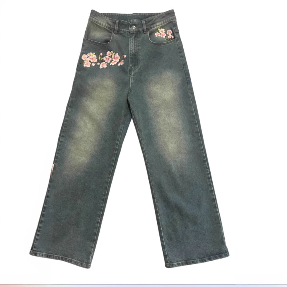 Printed Wide-Leg Denim Pants