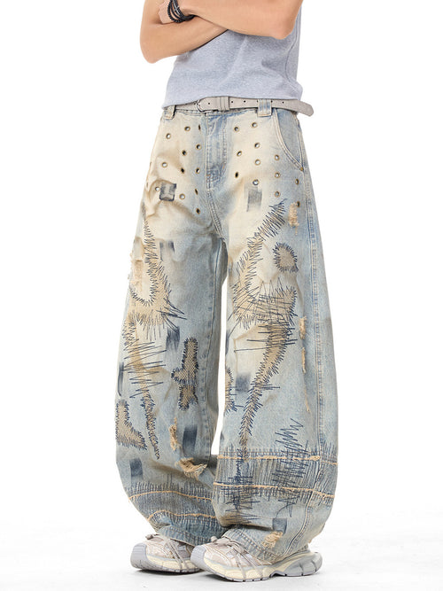 Distressed Embroidery Denim Pants