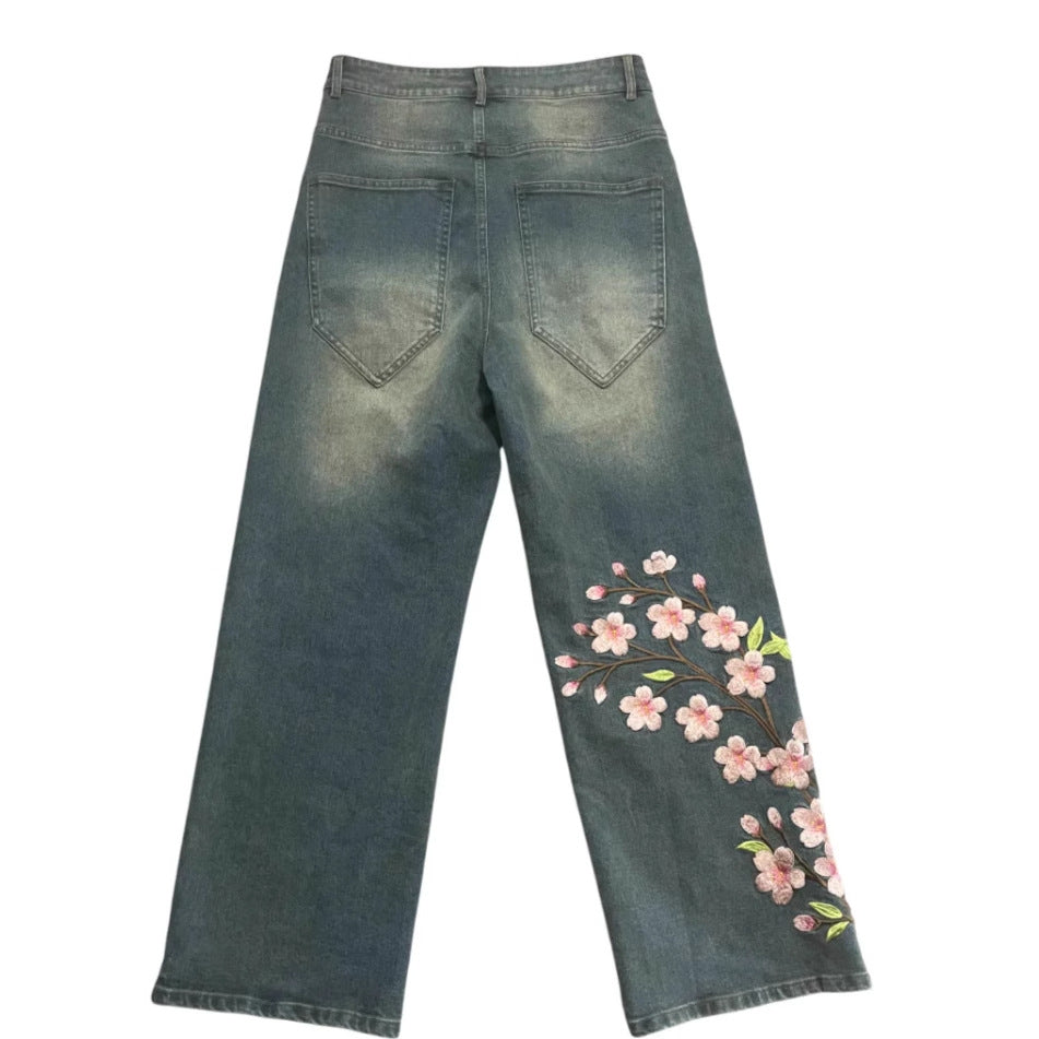 Printed Wide-Leg Denim Pants