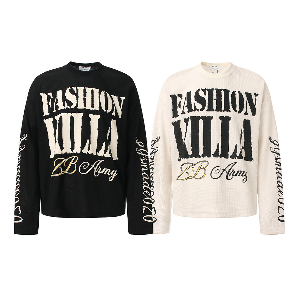 Letter Print Waffle Knit Long Sleeve T-Shirt