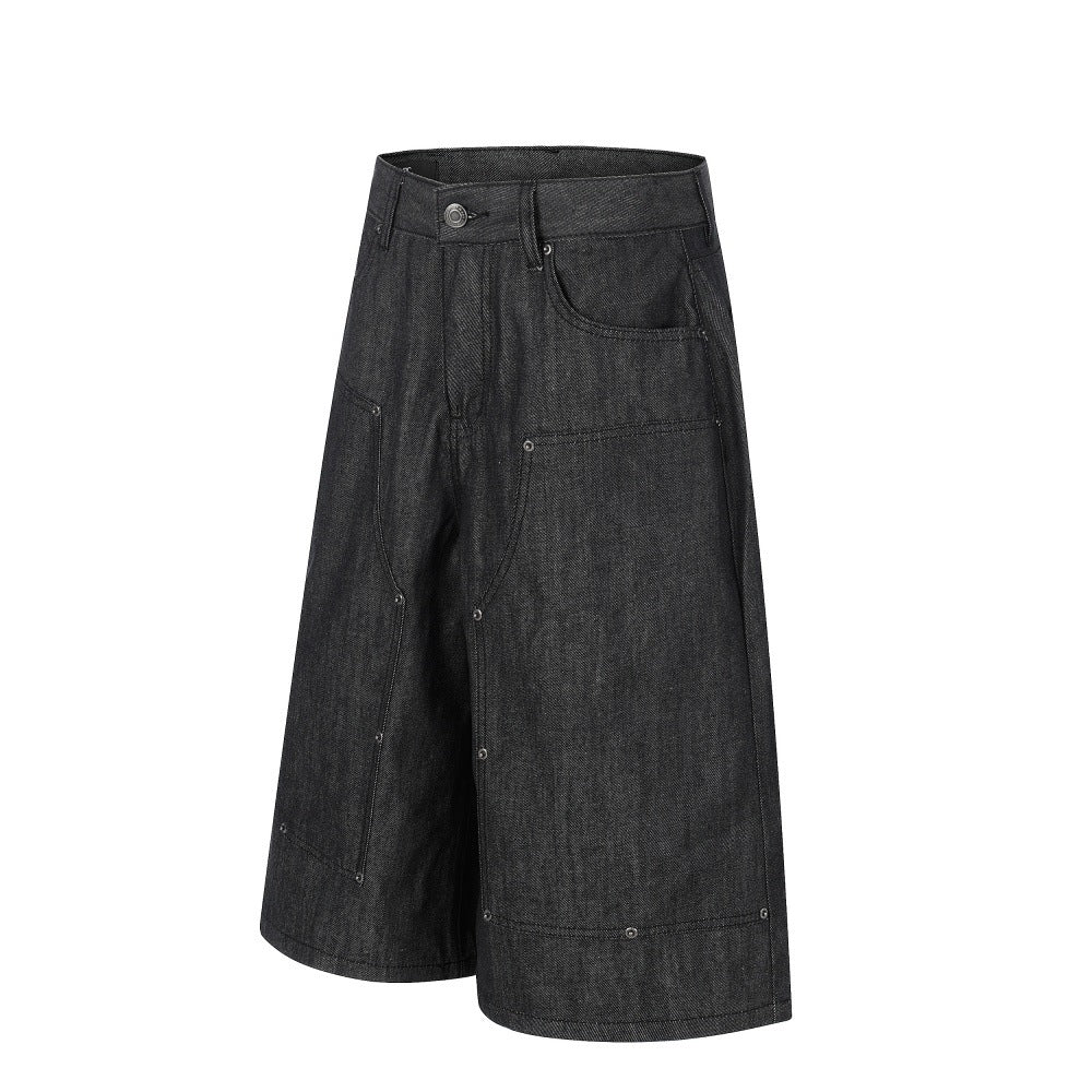 Mens Denim Cropped Pants Wide Leg Straight Shorts