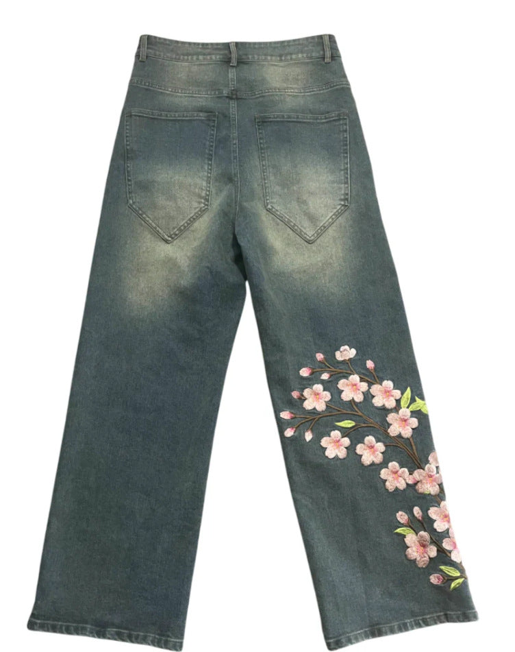 Printed Wide-Leg Denim Pants