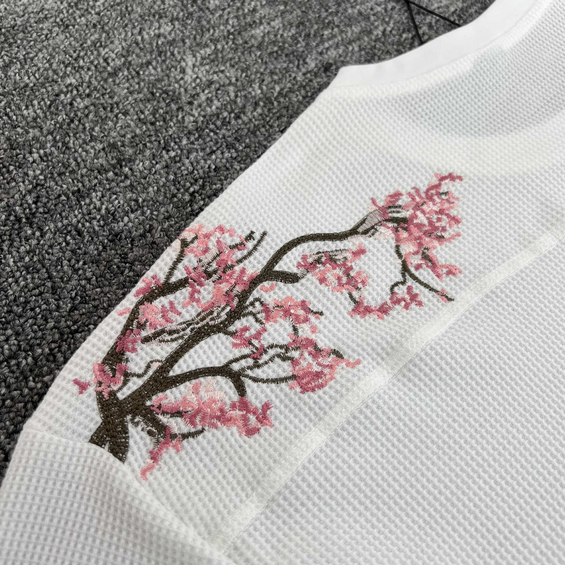 Embroidered Cherry Blossom Waffle Long Sleeve T-shirt