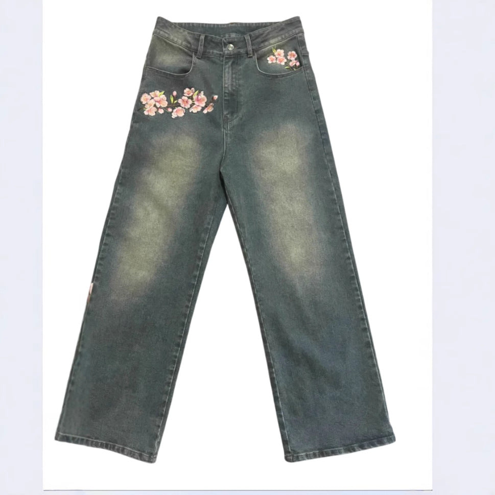 Printed Wide-Leg Denim Pants