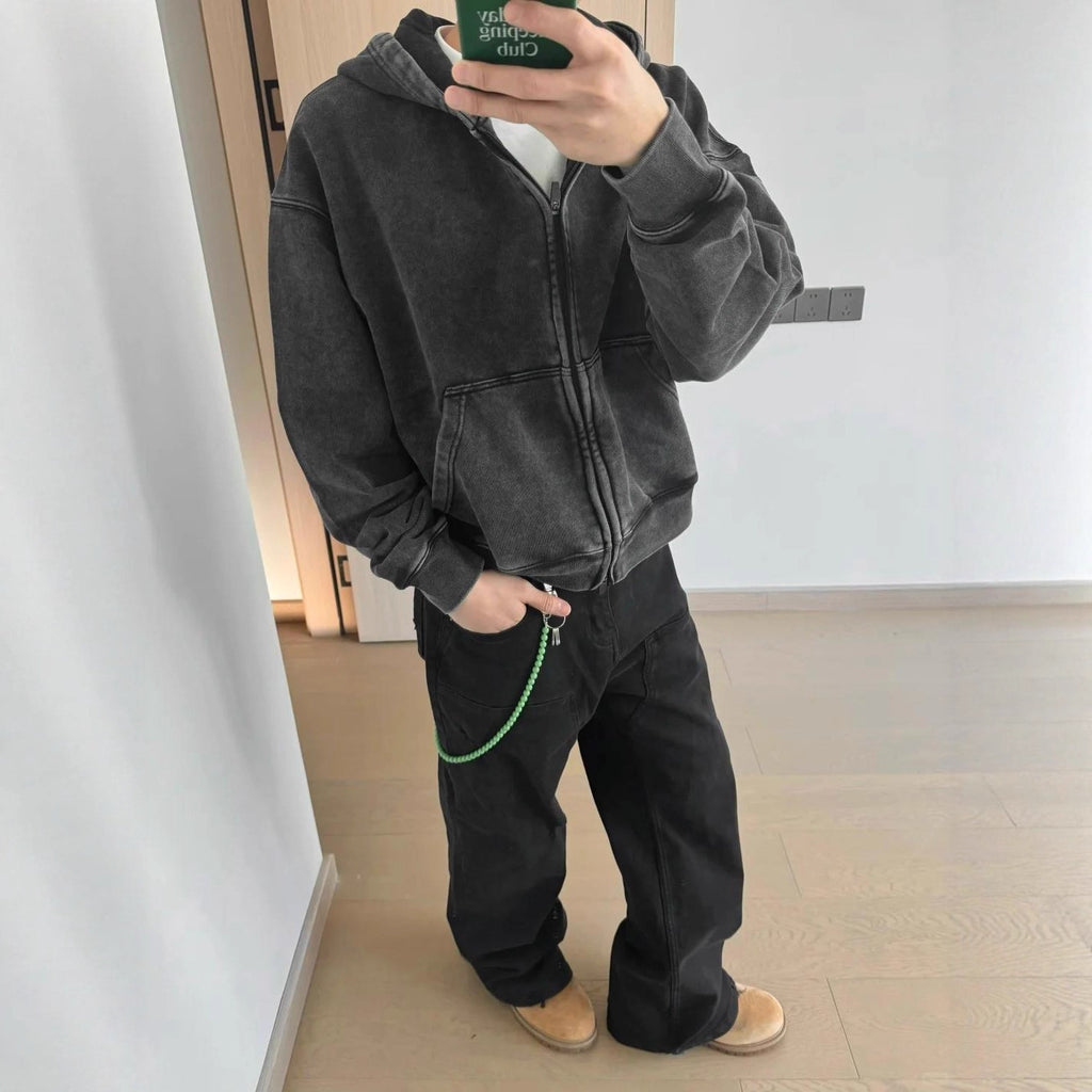 Heavyweight Washed Cotton Zip Up Hooded Sweatshirt