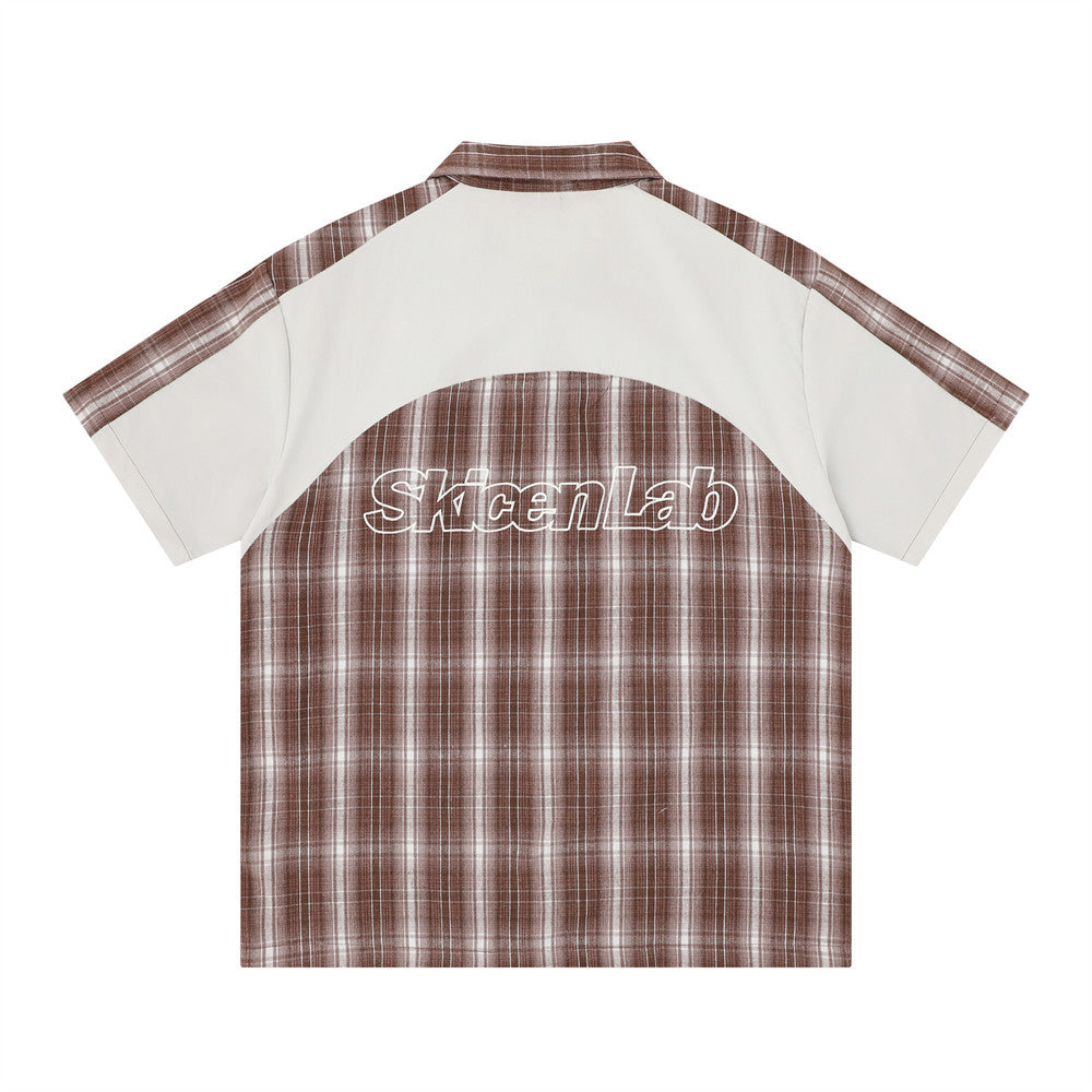 Mens Patchwork Plaid Short Sleeve