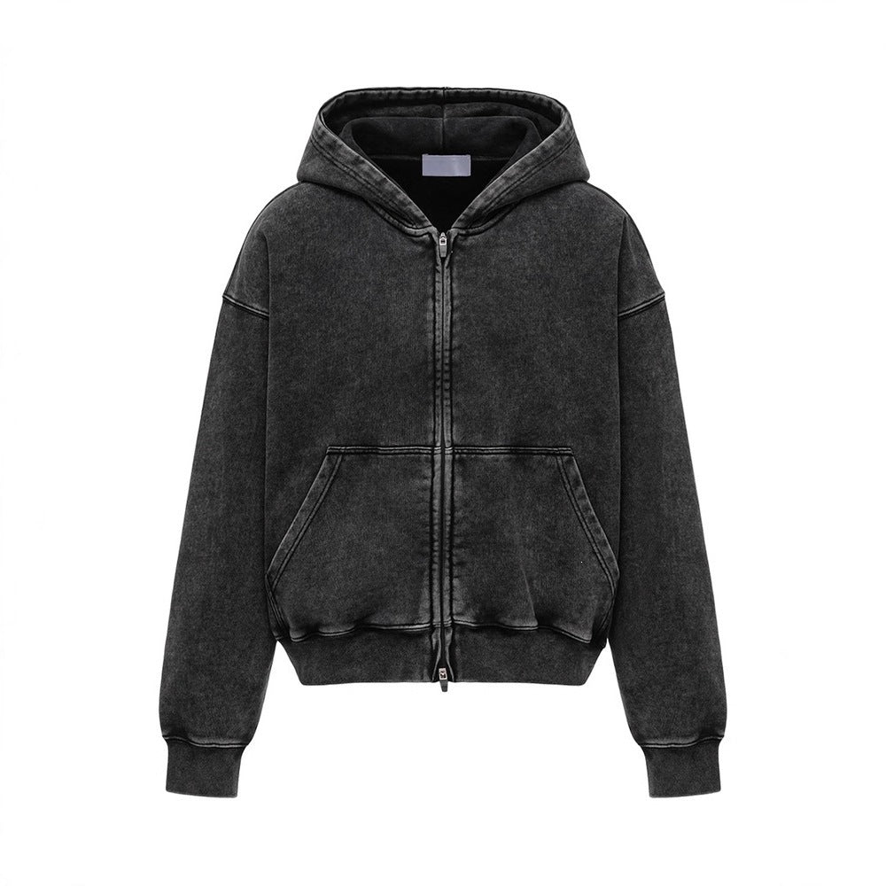 Heavyweight Washed Cotton Zip Up Hooded Sweatshirt
