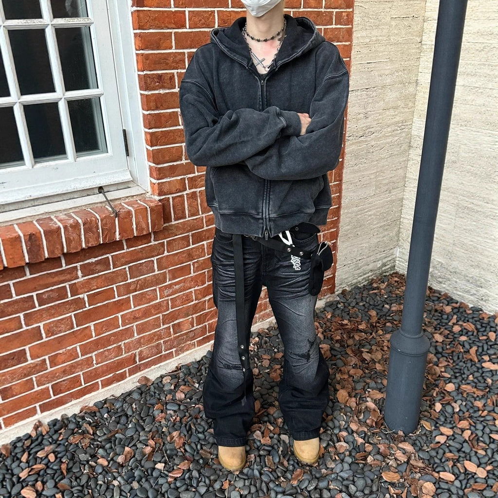 Heavyweight Washed Cotton Zip Up Hooded Sweatshirt